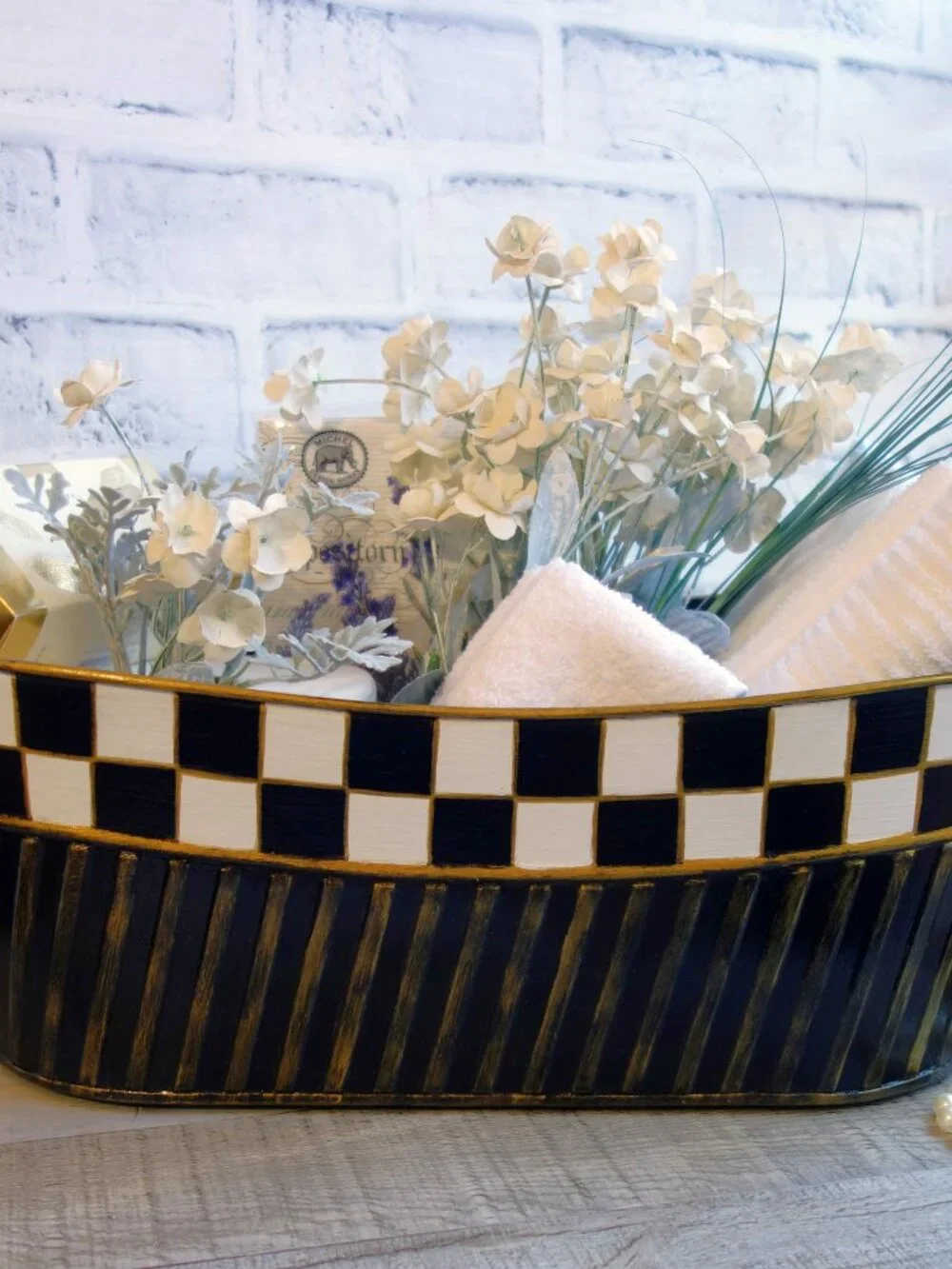 Checked Oval Storage Caddy Bin Black White Checked Mantle Decor Checked Basket